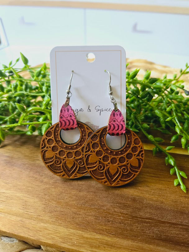 Bohemian Pink Wood Engraved Leather Earrings