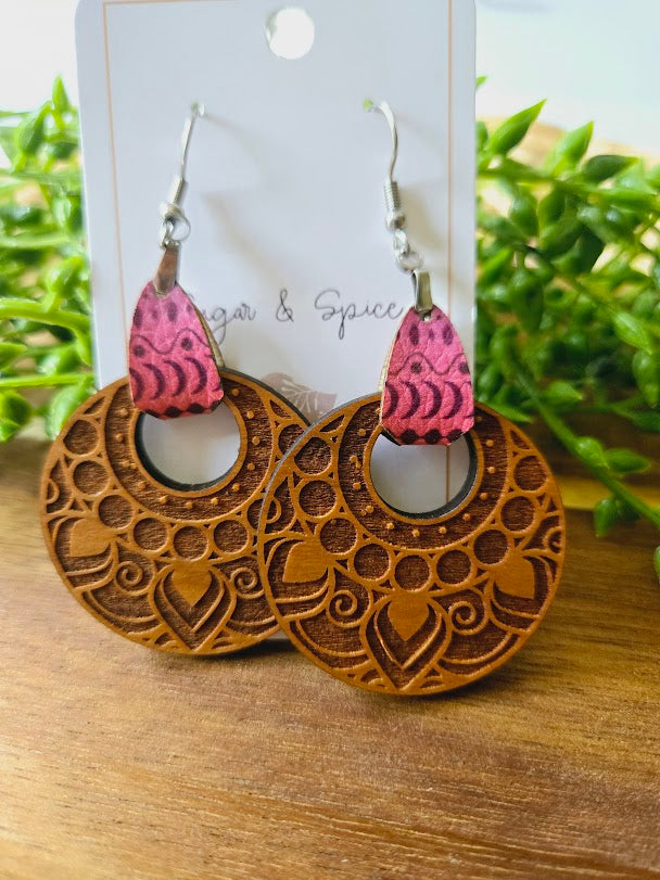 Bohemian Pink Wood Engraved Leather Earrings