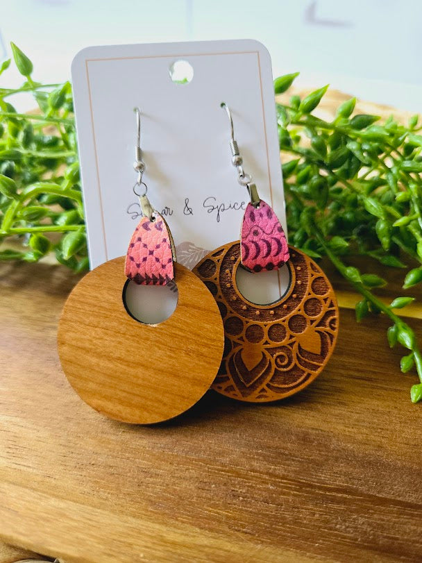 Bohemian Pink Wood Engraved Leather Earrings