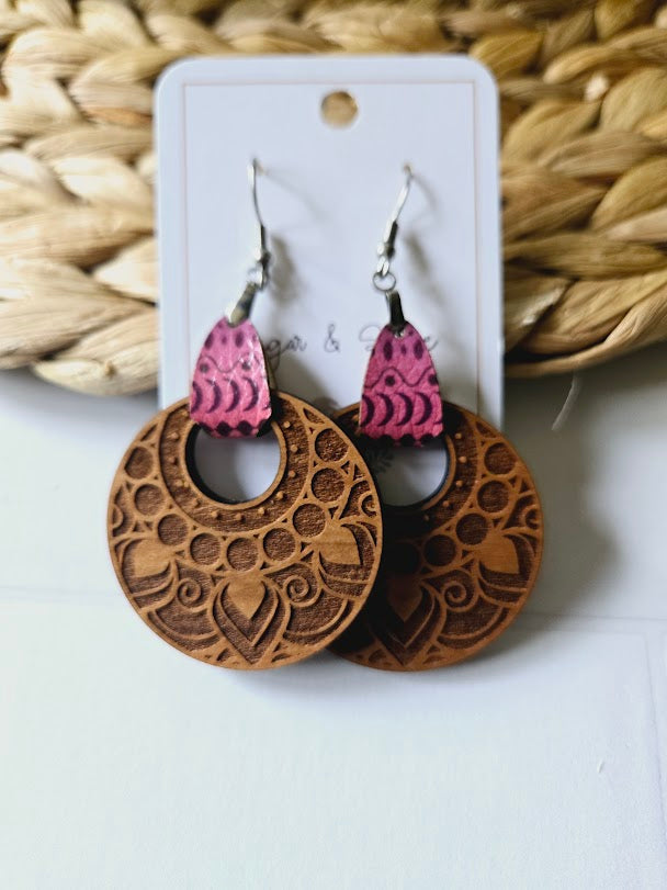 Bohemian Pink Wood Engraved Leather Earrings