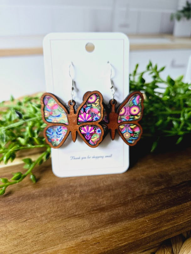 Colorful Butterfly Wood Inlay Earrings