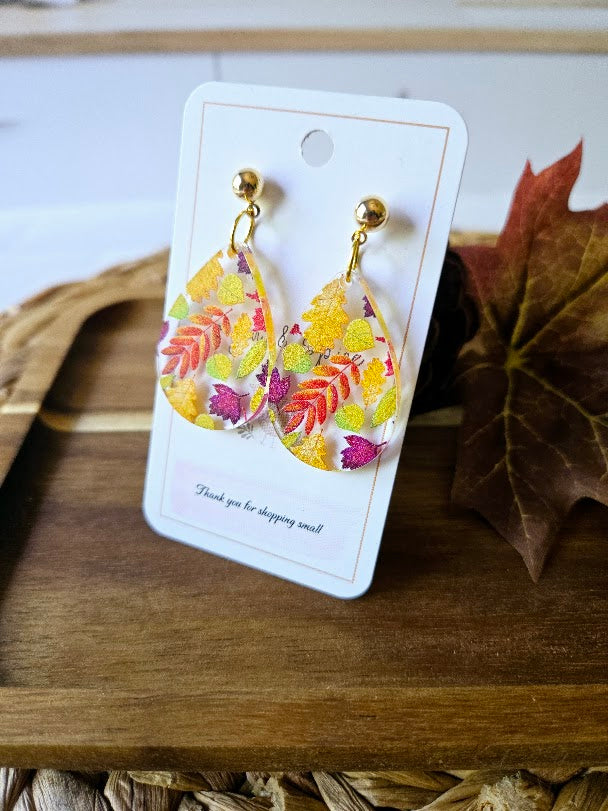 Fall Colorful Leaves Teardrop Gold Post Earrings