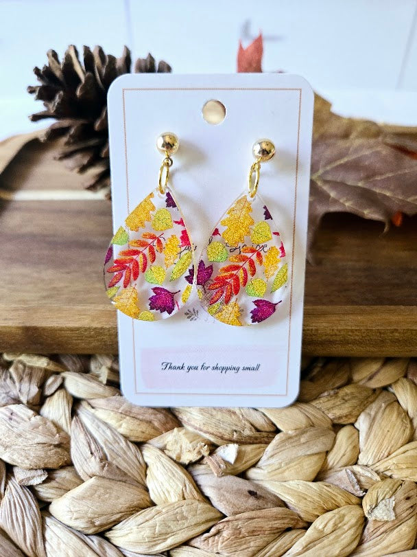 Fall Colorful Leaves Teardrop Gold Post Earrings