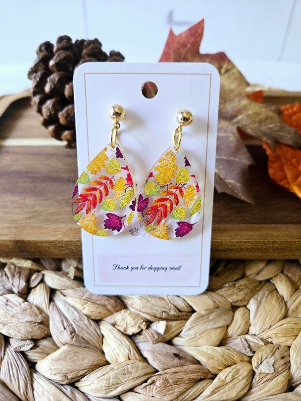 Fall Colorful Leaves Teardrop Gold Post Earrings