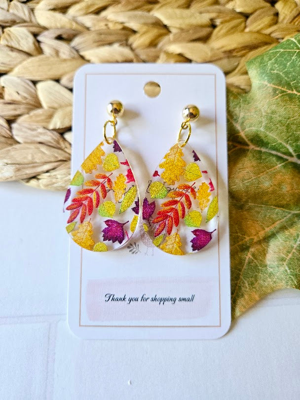 Fall Colorful Leaves Teardrop Gold Post Earrings