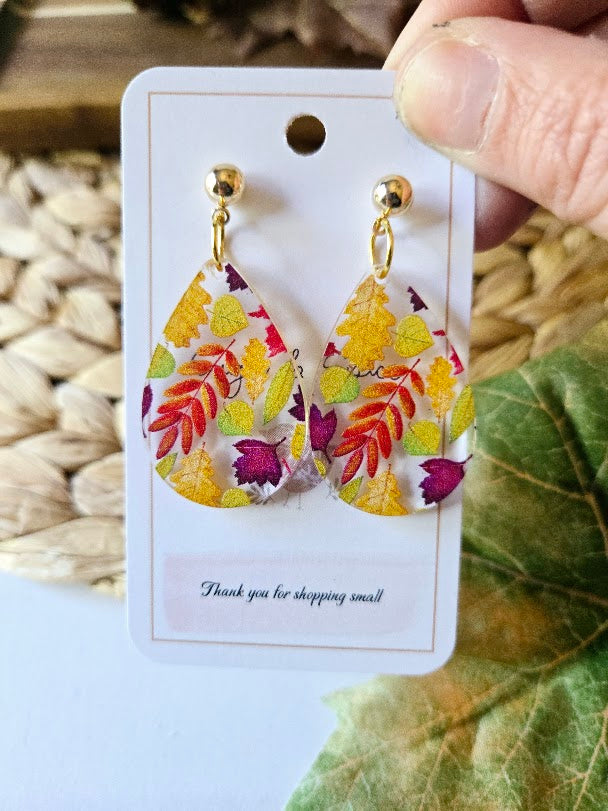 Fall Colorful Leaves Teardrop Gold Post Earrings