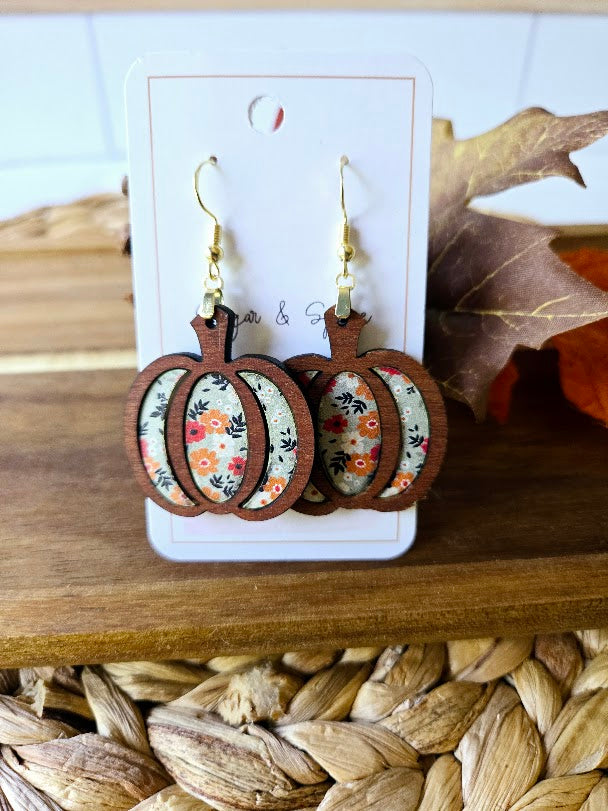 Elegant Fall Pumpkin Wood Inlay Earrings