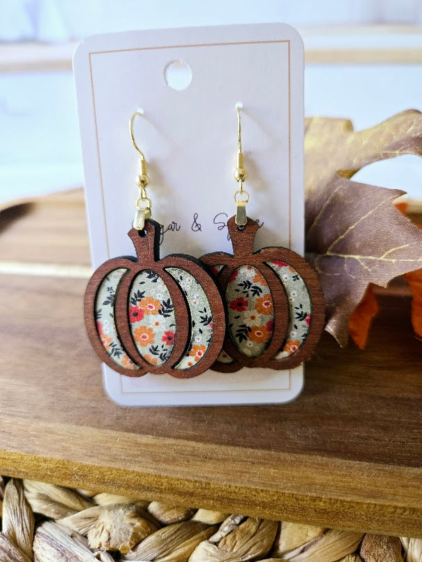 Elegant Fall Pumpkin Wood Inlay Earrings