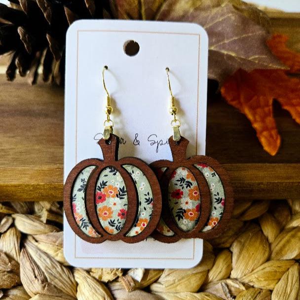 Elegant Fall Pumpkin Wood Inlay Earrings