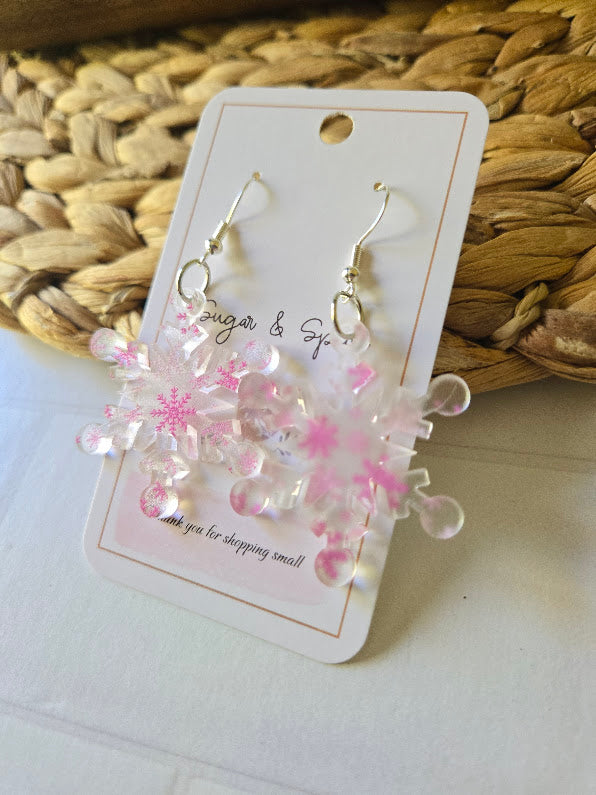 Pink Snowflake Frosted Acrylic Dangle Earrings