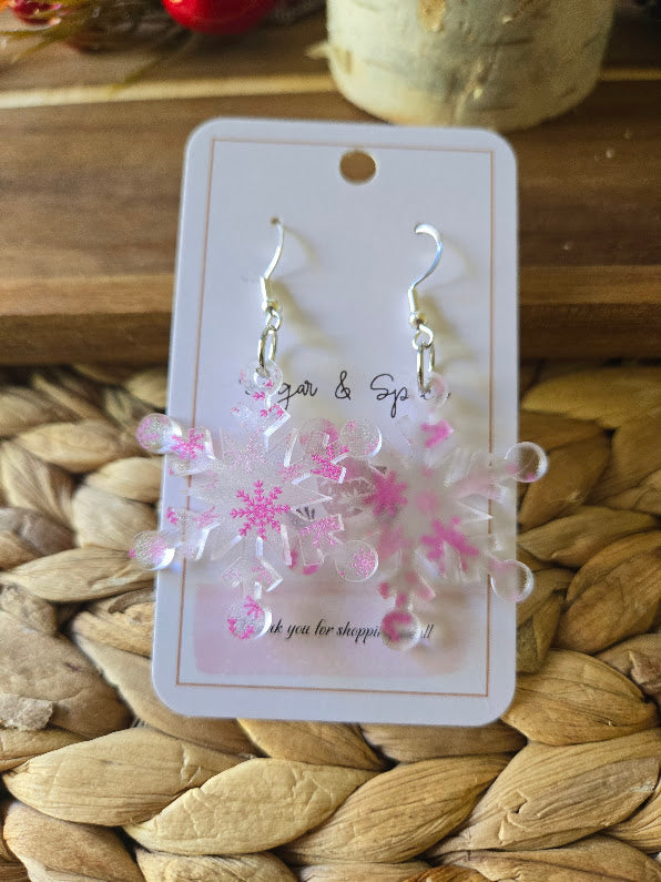 Pink Snowflake Frosted Acrylic Dangle Earrings