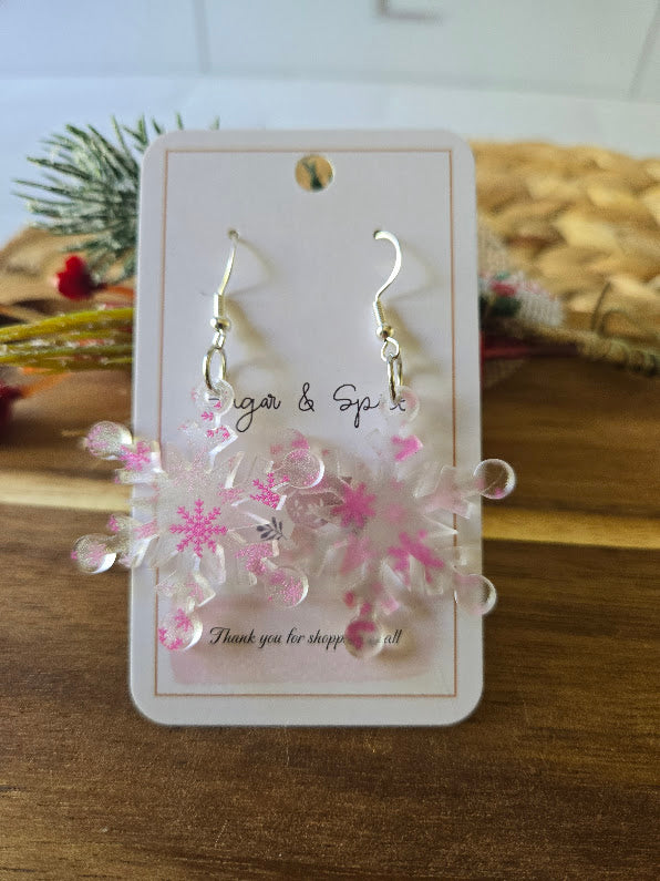 Pink Snowflake Frosted Acrylic Dangle Earrings