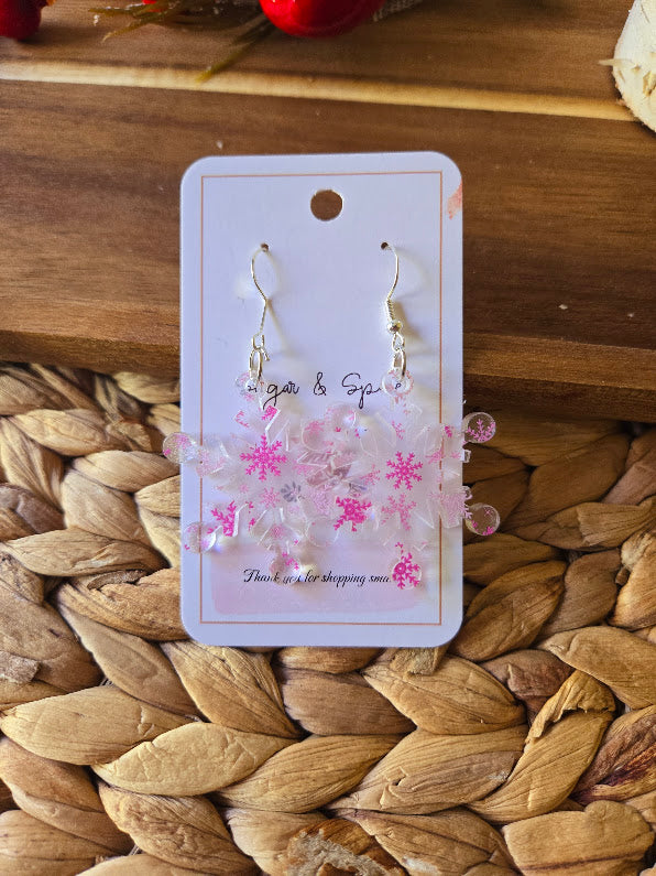 Pink Snowflake Frosted Acrylic Dangle Earrings