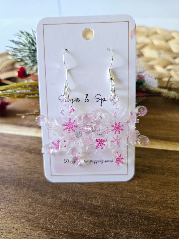 Pink Snowflake Frosted Acrylic Dangle Earrings