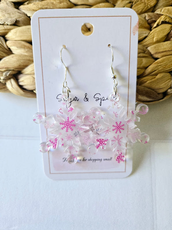 Pink Snowflake Frosted Acrylic Dangle Earrings