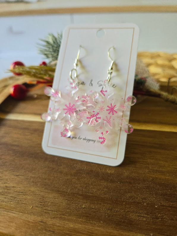 Pink Snowflake Frosted Acrylic Dangle Earrings