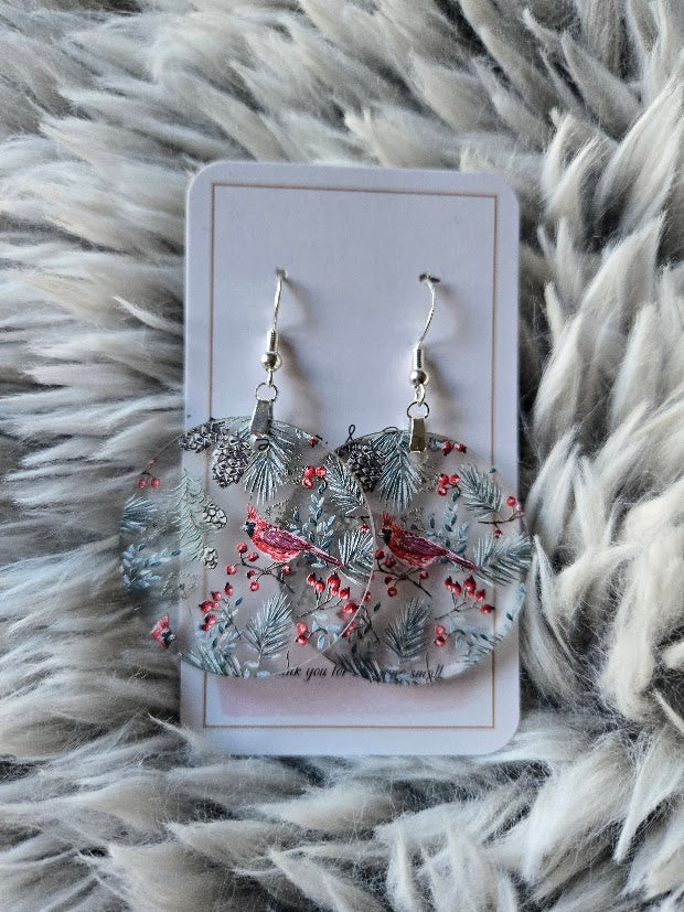 Frosted Cardinal Christmas Dangle Earrings