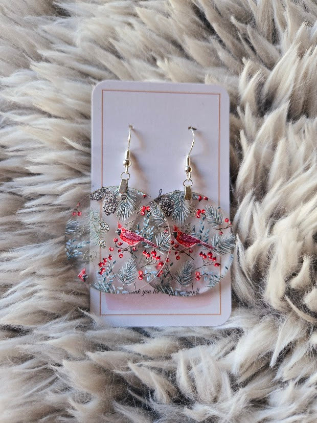 Frosted Cardinal Christmas Dangle Earrings