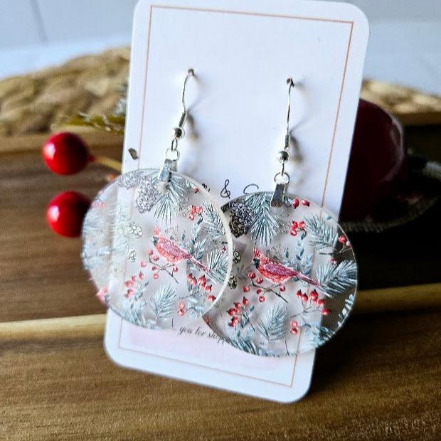 Frosted Cardinal Christmas Dangle Earrings