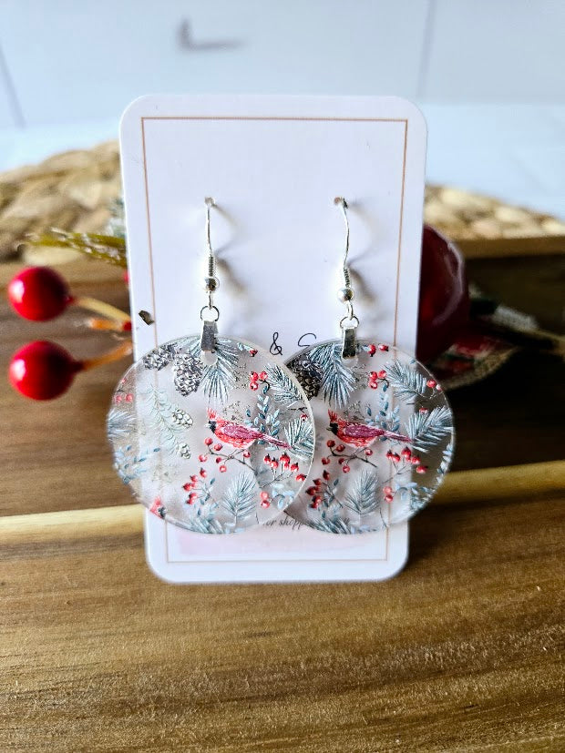 Frosted Cardinal Christmas Dangle Earrings