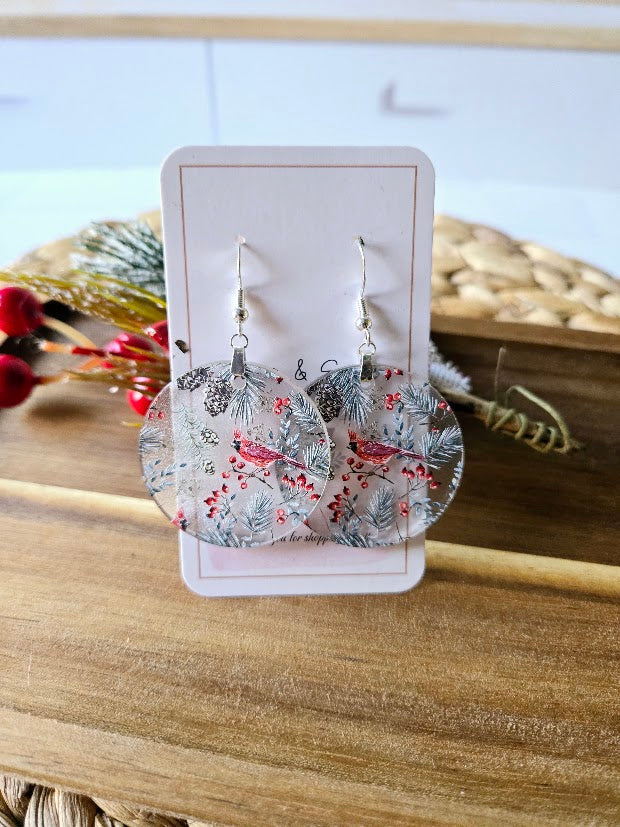 Frosted Cardinal Christmas Dangle Earrings