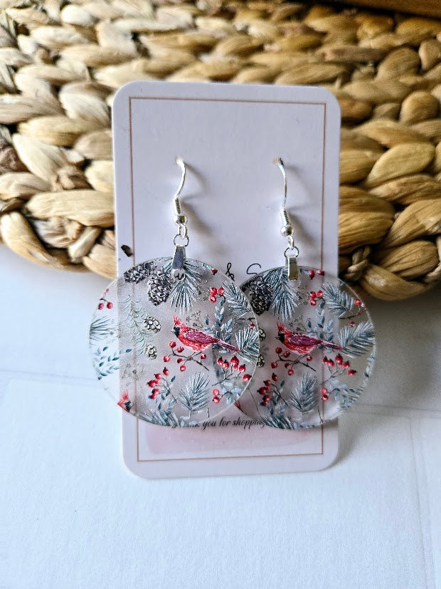 Frosted Cardinal Christmas Dangle Earrings