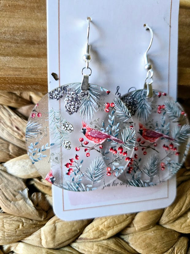 Frosted Cardinal Christmas Dangle Earrings