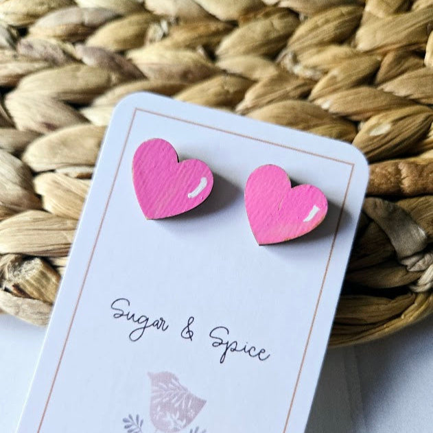 Pink Heart Wood Stud Earrings