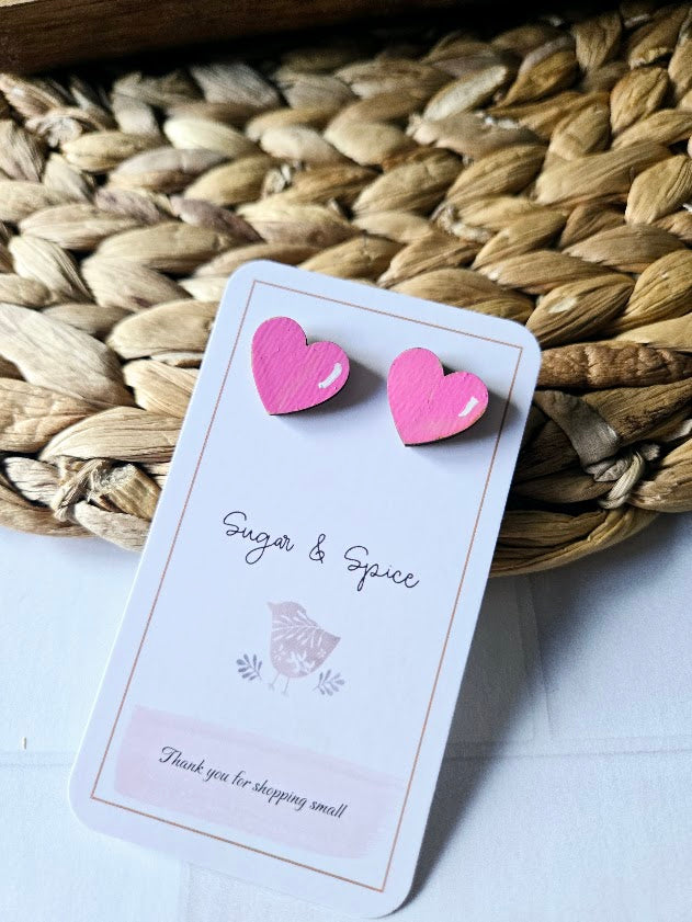 Pink Heart Wood Stud Earrings