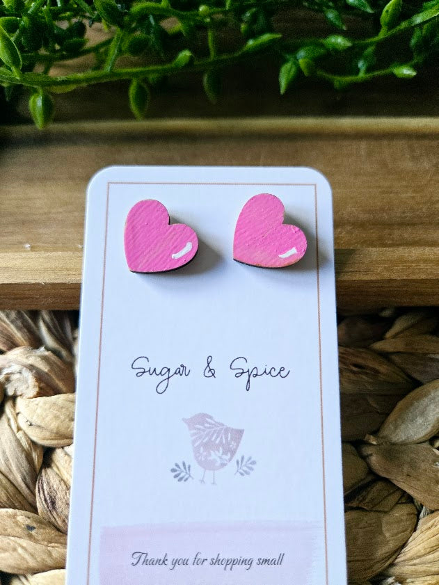 Pink Heart Wood Stud Earrings