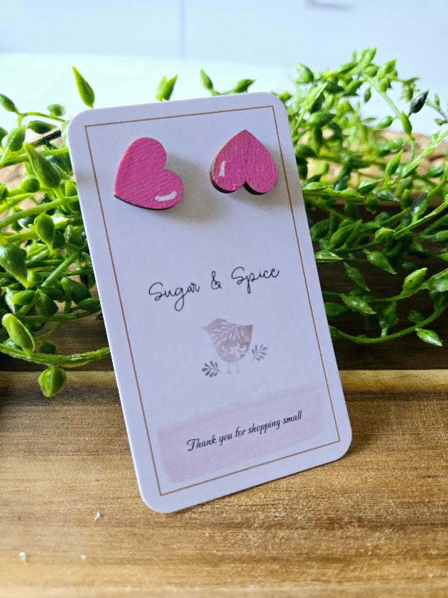 Pink Heart Wood Stud Earrings