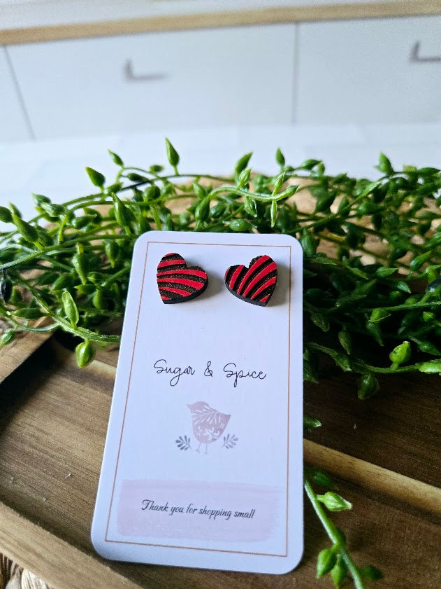 Red Heart Pattern Wood Earrings