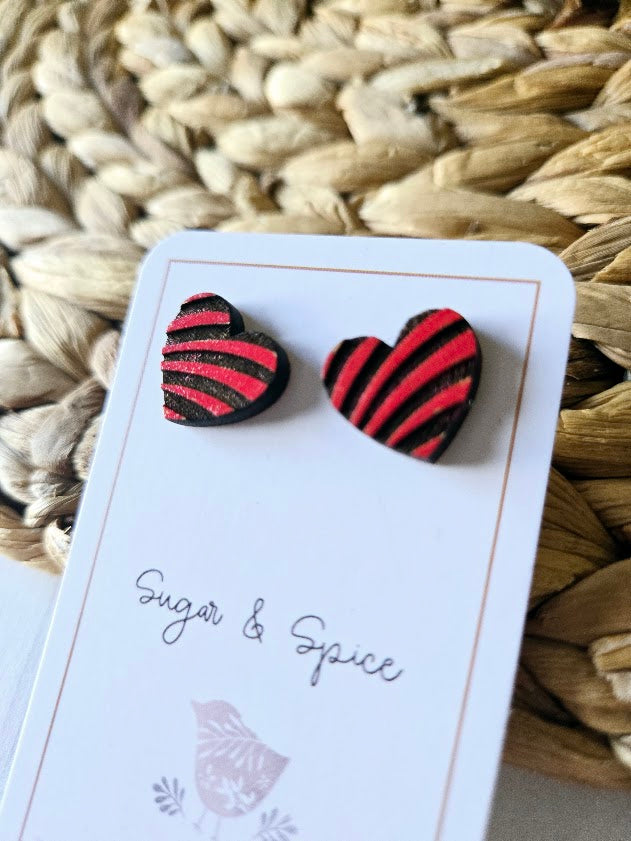 Red Heart Pattern Wood Earrings