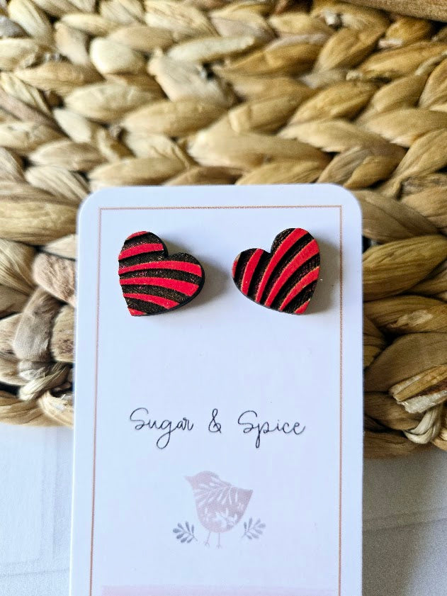 Red Heart Pattern Wood Earrings