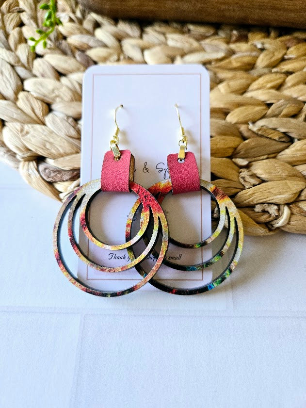 Colorful Rainbow Hoops with Pink Leather Dangle Earrings