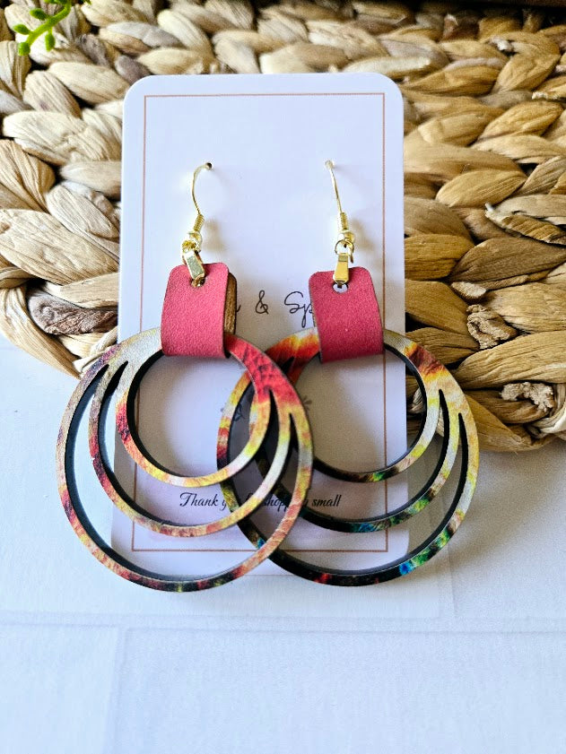 Colorful Rainbow Hoops with Pink Leather Dangle Earrings