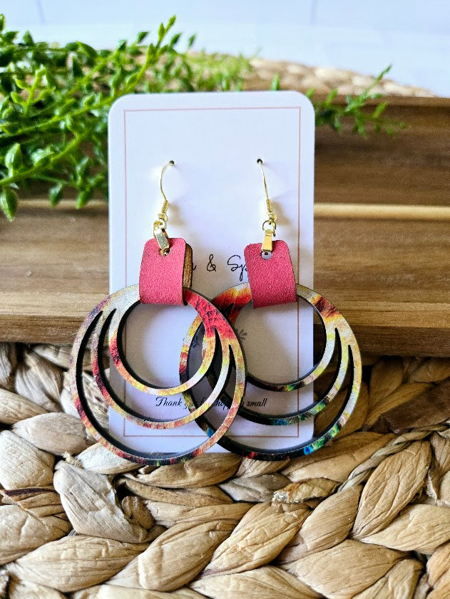 Colorful Rainbow Hoops with Pink Leather Dangle Earrings