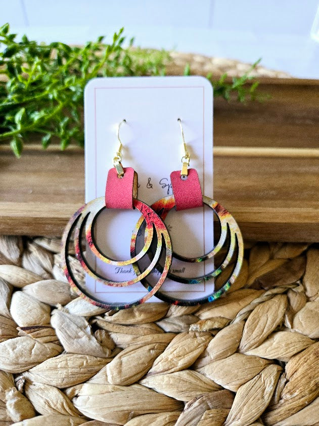 Colorful Rainbow Hoops with Pink Leather Dangle Earrings