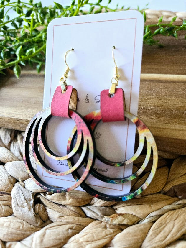 Colorful Rainbow Hoops with Pink Leather Dangle Earrings