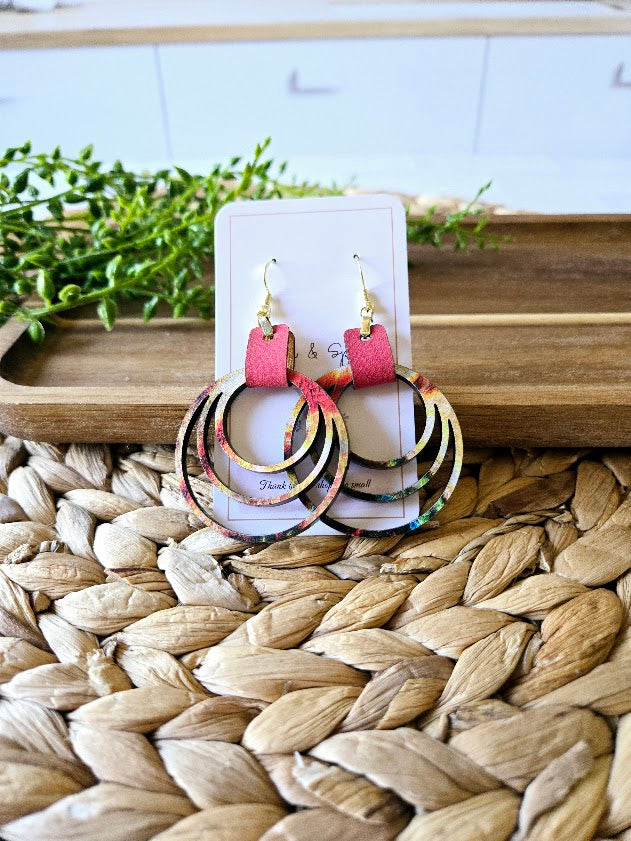 Colorful Rainbow Hoops with Pink Leather Dangle Earrings