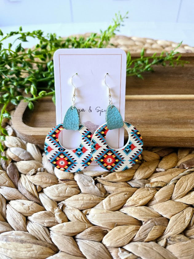 Turquoise Western Tribe with Leather Dangle Earrings