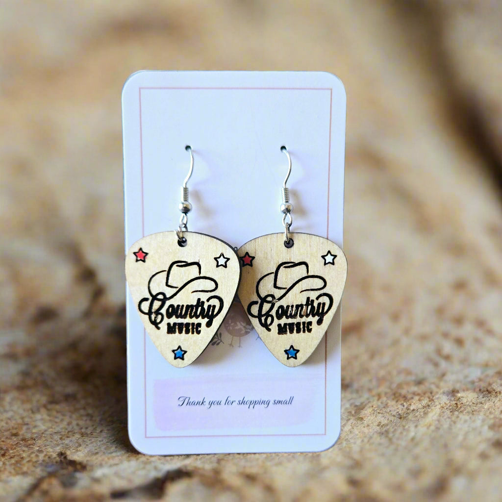 Wood Engraved Country Western Guitar Pick Earrings