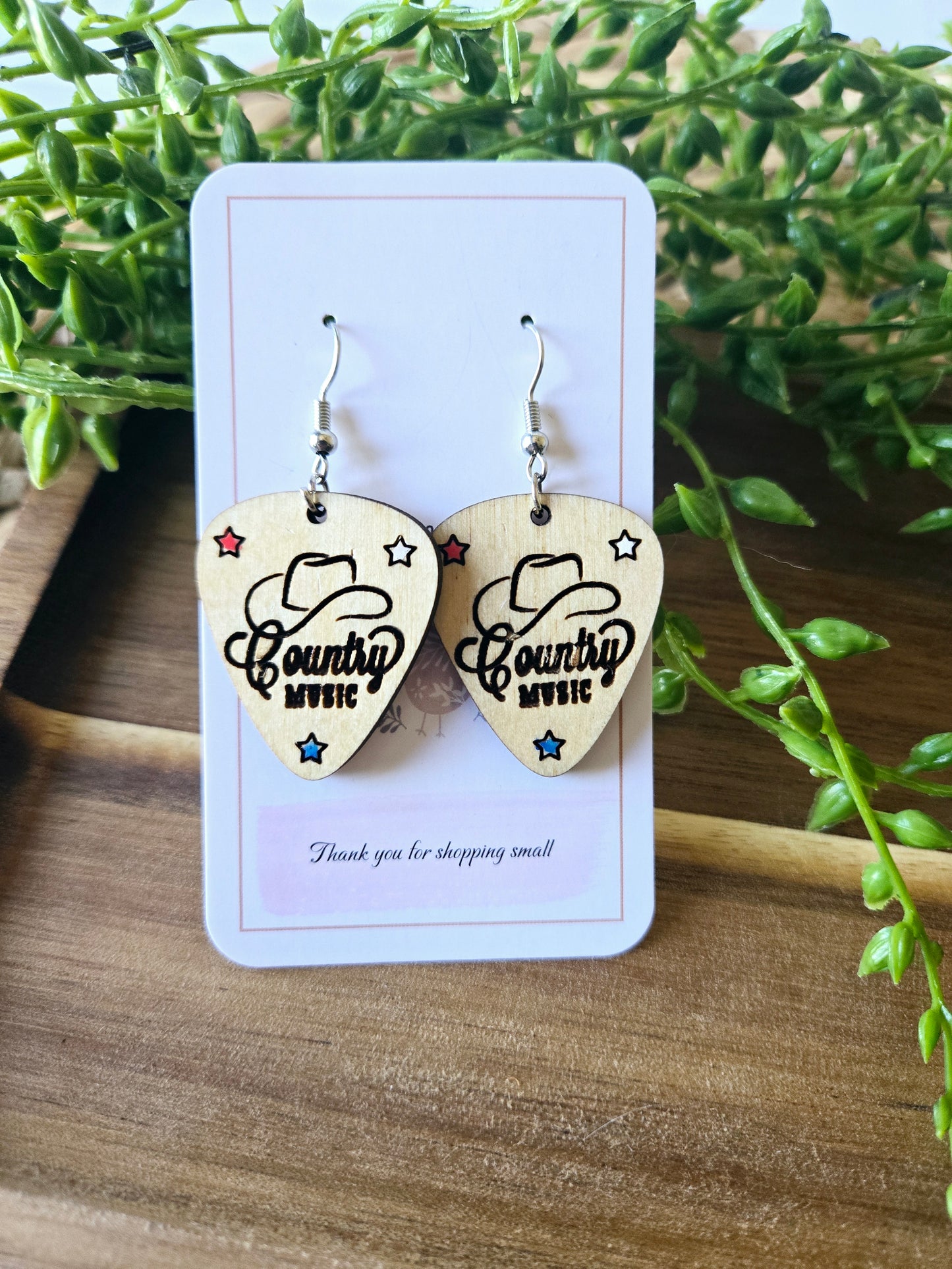 Wood Engraved Country Western Guitar Pick Earrings