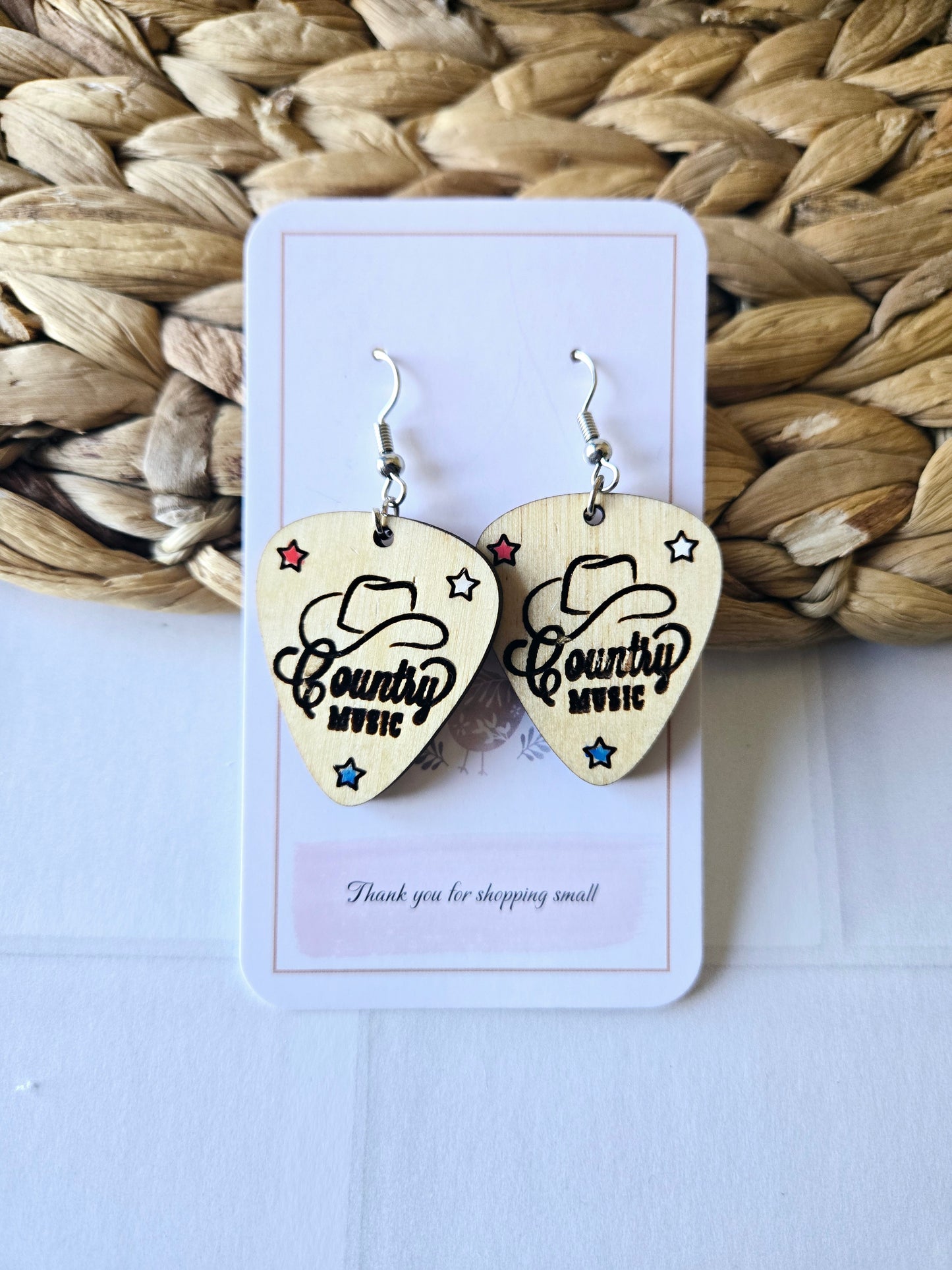 Wood Engraved Country Western Guitar Pick Earrings