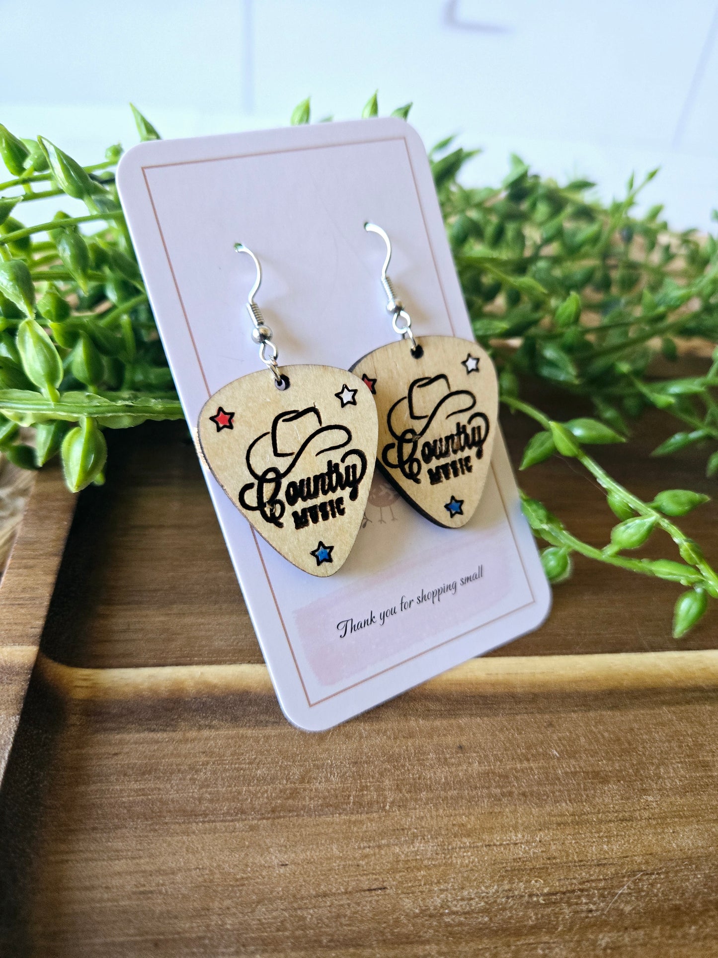 Wood Engraved Country Western Guitar Pick Earrings