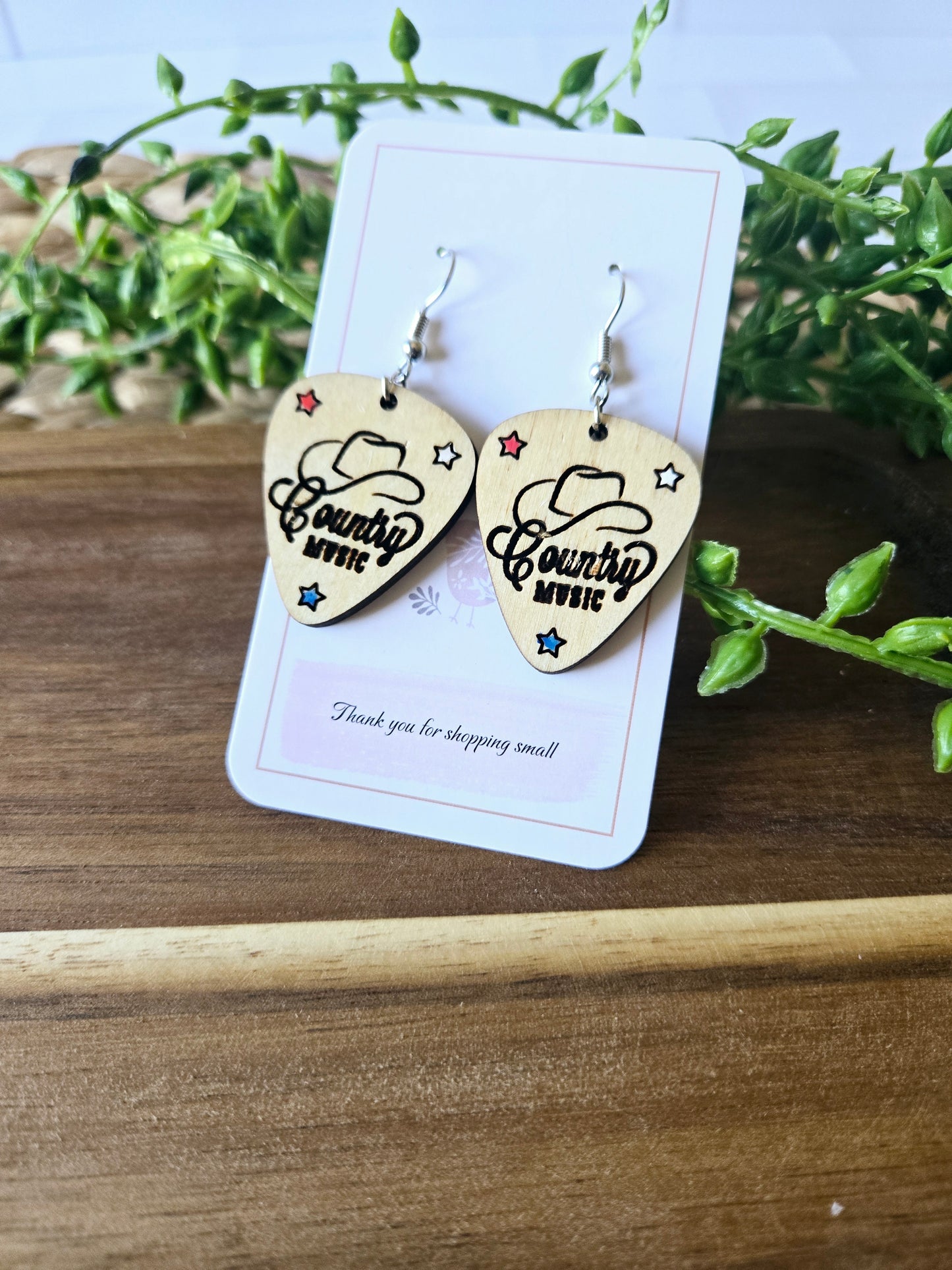 Wood Engraved Country Western Guitar Pick Earrings