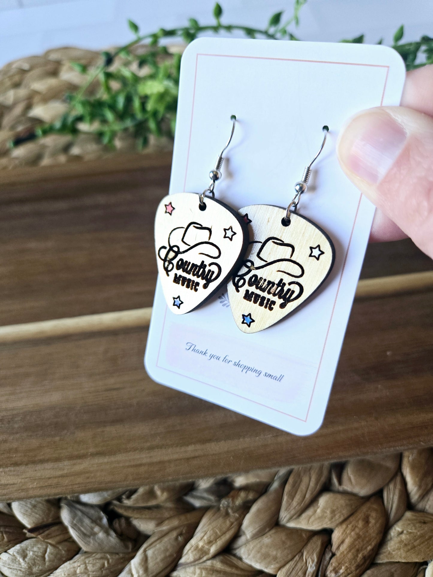 Wood Engraved Country Western Guitar Pick Earrings