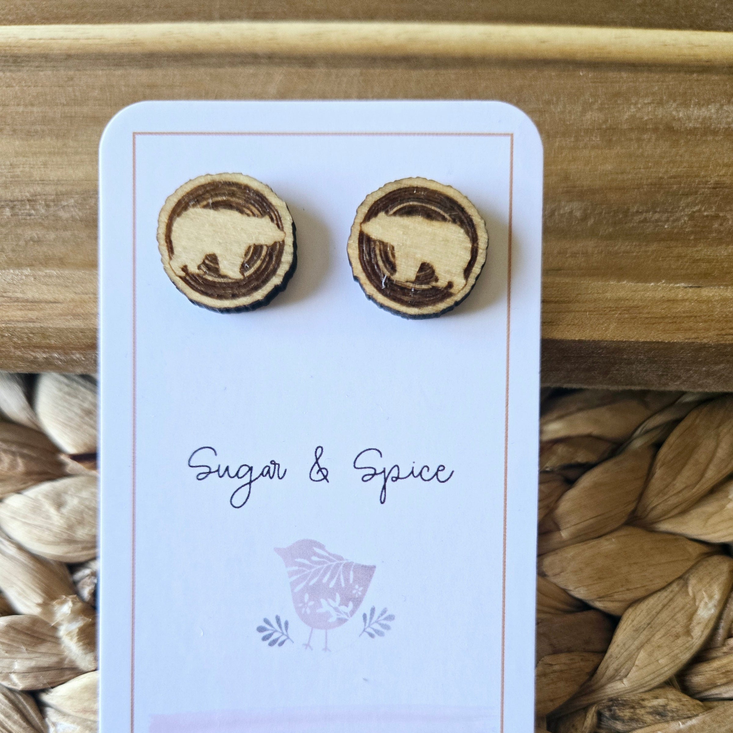 Rustic Bear Wood Stud Earrings