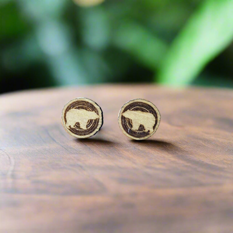 Rustic Bear Wood Stud Earrings