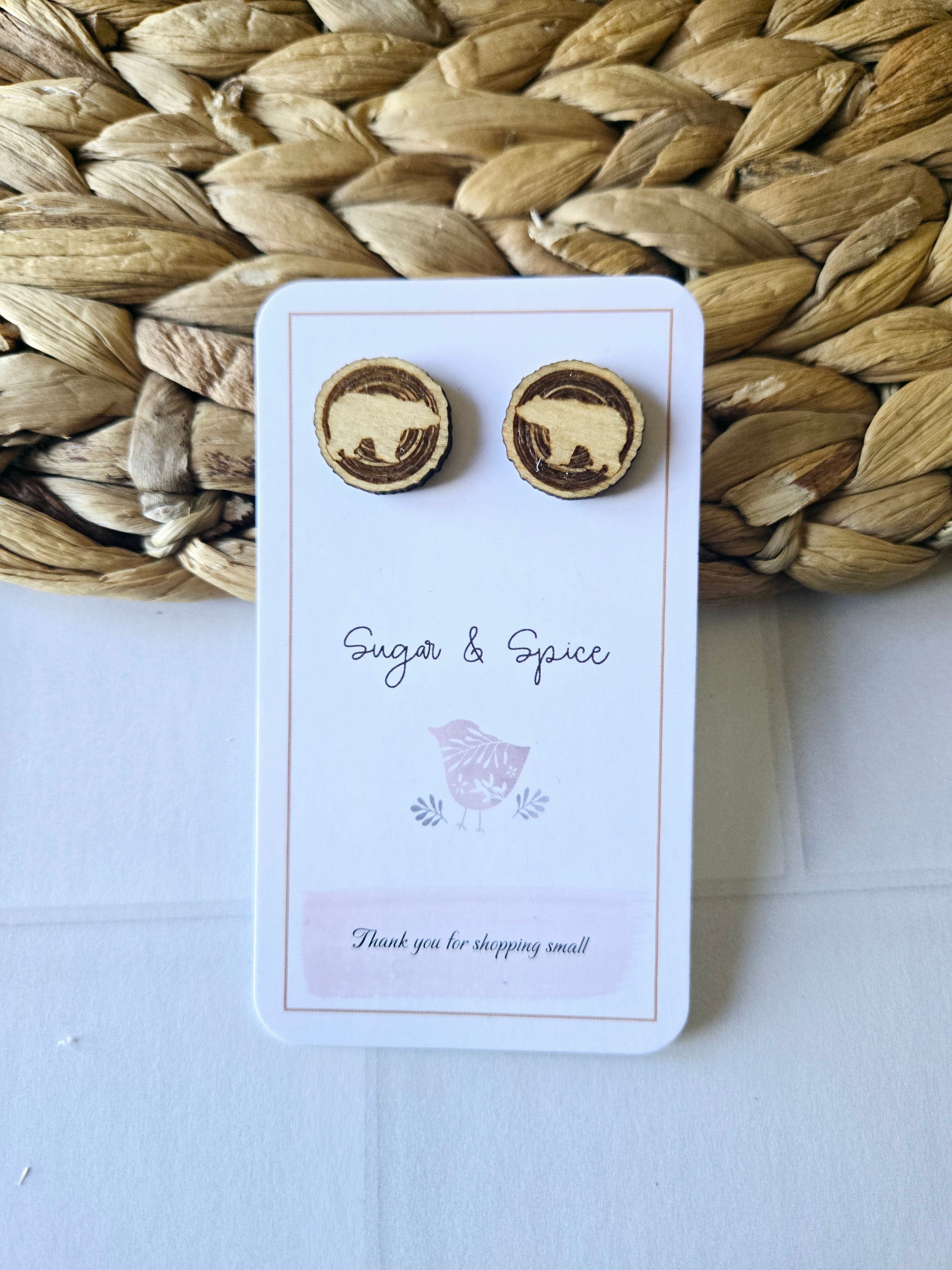 Rustic Bear Wood Stud Earrings